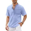 Camisas casuais masculinas 2023 linho v pescoço botões t polo masculino cor sólida manga curta algodão camiseta tops roupas masculinas