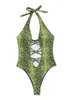 Damen-Bademode, Damen-Bikini, Schlangenmuster, einfarbig, Neckholder, tief ausgeschnitten, Ausschnitt-Design, schmale Passform, Sommer-Badeanzug