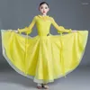 Stage Wear Yellow Long Sleeve Ballroom Dance Costume Girls Competition Dress Bodysuit Skirt Tango Practice Waltz Dancing VDB5080