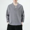 Ropa étnica Estilo chino Gran cuello en V Color puro Manga larga Camiseta para hombres Traje Tang Hanfu Camisetas sueltas Sinicismo Camisa de lino de algodón