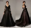 Women Punk Gothic Black Wedding Dresses Sexy V Neck Sequins Beaded A Line Bridal Gowns Vintage Lace Appliqued Boho Country Vestidos De Novia With Long Sleeves CL2823