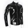 Men's Vests Spring Autumn Soft Paint Leather Coat Standing Neck Solid Bright Long Sleeve Jacket Elastic Tight Fitting Tops