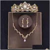 Kopfschmuck Golden Leaf Braut Krone Dreiteiliges Set Rosa Strass Halskette Bankett Party Damen Ohrringe Drop Lieferung Hochzeit, Teil Dhhp7