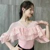 Stage Wear Fada Ruffle Ballroom Dance Tops Mulheres V Neck Pérola Rosa Preto Bodysuit Princesa Roupas Latina Desempenho BL10867