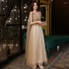 Etnische kleding champagne v-hals tule lange avondjurken vrouwen elegante pailletten kwastje formele feestjurk a-lijn prom toga vestido