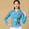 Etniska kläder cheongsam kvinnors plus size korta toppar 2023 Autumn Cotton Blend Mesh Splicing broderi Slim Chinese Style Qipao Shirts