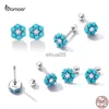 Stud Bamoer 925 Sterling Silver Simple Turquoise Flower Piercing Ear Earrings for Women Genuine S925 Fine Jewelry Wholesale YQ231026