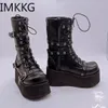 Botas preto gótico motocicleta zip salto alto punk plataforma robusta midcalf mulheres sapatos de mujer tamanho grande 43 231026