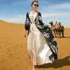 Ethnic Clothing Dubai Turkish Women Black And White Flower Embroidery Two-piece Long Dress With Belt Style Kaftan Abaya