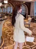 Work Dresses High Quality Early Autumn Sweet Set Long Sleeve Patchwork V-Neck Tweed Slim Short Jacket A-Line Split Sashes Mini Skirt Suit