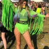 Kvinnors jumpsuits rompers neongrön fisknät sexiga bodysuits Tassel långärmad se genom jumpsuit kvinnor party rave festiv232h