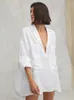 女性用スリープウェアヒロックラペルディープVネックの女性ドレスホワイトコットンナイトドレス女性ナイトガウンブラック長袖膝のナイトドレス