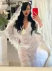 Basic Casual Dresses Deep V-neck Lace Patchwork See Through Long Dress Flare Sleeve High Waist Wrap Hip Dresses 2023 Chic Sexy Women's Party Vestidos T231026