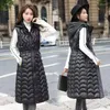 Kamizelki damskie moda czarna długa kobieta kamizelka koreańska jesienna płaszcz zimowy z kapturem kurtka bez rękawów ciepła wodoodporna kamizelka 2024