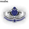 Vecalon Lovers Blue Birthstone claddagh ring 5A Zirkoon Cz Wit goud gevuld Engagement trouwring ring Set voor vrouwen mannen Gift246f