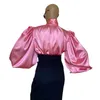 Women's Blouses Elegant High Neck Tops Smooth Satin Blouse Long Fluffy Sleeves Shirt Streetwear Office Ladies Ruffles Solid Color