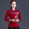 Ethnische Kleidung Cheongsam Damen Plus Size Tops 2023 Herbst Baumwollmischung Spleißen Stehkragen Stickerei Chinesischer Stil Qipao Retro Hemden