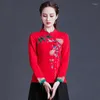 Vêtements ethniques Cheongsam Femmes Plus Taille Tops 2023 Automne Mélange de coton Épissage Collier de broderie Style chinois Qipao Chemises rétro