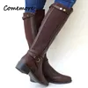 Stivali Comemore Fibbia da donna Long Knight Female Combat Boot Teli bassi tacchi a basso contenuto di donne in pelle zip in pelle High 231025