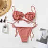 Women's Swimwear Sexy Bikini Split Swimsuit Fashion Pure Color Tie Neck Gather Cross-laced Bra Breathable High-waisted Briefs Suit