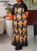 Basic Casual Dresses VONDA Vintage Summer Printed Maxi Dress 2023 Women 3/4 Flare Sleeve Bohemian Long Sundress Casual Stand Collar Oversize Vestidos T231026