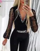 Combinaisons pour femmes Barboteuses Col en V profond Mesh Combinaison à manches longues One Piece Globalement Femmes Noir Élégant Strass Chaîne Glitter Party Night Sexy Bodys T231026