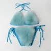 Damskie stroje kąpielowe pluszowy strój kąpielowy seksowny moda panie podzielone stały kolor bikini 2023 solidny kolor futra stroju kąpielowego damskie stringi set na plażę