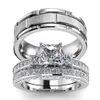 Anéis de casamento casal feminino clássico quadrado zircão anel de noivado conjunto masculino 8mm aço inoxidável cor prata sulco c269x