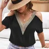 Women's Blouses 2023 Summer V-neck Casual Blouse Women Hollow Loose Short Sleeve Solid Tops Elegant Off Shoulder Shirts 28014