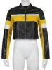 Kvinnors läder faux läder rapwriter street moto cyklist racing pu jackor y2k kontrast-färg lapptäck läder beskurna rockar hösten harjujuku zip up outfits 231026