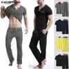 INCERUN Patchwork Men's Sets Homewear Short Sleeve V Neck T Shirt Pants Bodybuilding Workout Men Suit Casual Pajamas Sets S-5220S