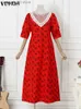 Podstawowe sukienki swobodne Vonda Women Bohemian Printed Letna sukienka 2023 Vintage Casual Long Maxi Sundress Shorphled Lace Patchwork Beach Robe T231026
