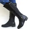 Botas Comemore Mulheres Fivela Long Knight Feminino Combat Boot Baixo Salto Sapatos Plus Size Mulheres Zip Couro Joelho Alto 231025