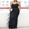 Plus Size Dresses Black Long Spaghetti Strap High Waist Tassel Evening Cocktail Party Gowns Fringe Outfits Drop Autumn252W