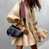 INSPIRED LINEN TUXEDO SHIRT DRESS women long Balloon sleeves autumn winter party tiered pleating 210412233r