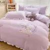 Ensembles de literie fille rose dessin animé arc-en-ciel licorne ensemble drap de lit dinosaure volant dentelle housse de couette coton famille enfants linge de chambre 231026