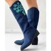 Boots Trendy Vintage Western Boot Blue Denim y Heels Zip Cowboy Round Toe Casual Comfy Mid Calf Cowgirl Shoes Woman 231025