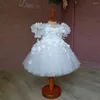 Vestidos de niña Princesa blanca Cuello redondo Manga corta Vestido de novia de tul suave para niñas Apliques Sin espalda Rebordear Vestido de fiesta de cumpleaños Navidad