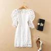 European and American women's clothing 2021 The new spring Puff sleeves seven-part sleeves hollowed out Fashion white dress298Z