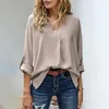 Camicette da donna Camicetta da donna Manica lunga Solido scollo a V Sciolto Morbido Pendolarismo Casual OL Stile Lady Camicia estiva Abbigliamento femminile Tee Indumento