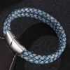 Çift katmanlı retro mavi örgülü deri bileklik erkek mücevher moda paslanmaz çelik manyetik toka bilezikler erkek bilek bandı hediyesi204s