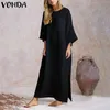 VONDA-Vestido largo elegante para mujer, Vestido largo liso, 2021 algodón, Vintage, bohemio, de talla grande, blanco, Sexy, con dobladillo dividido, X05248h