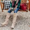 Stiefel Winter Frauen Schuhe Sexy Hohe Spitze Zehe Einfarbig SlipOn Flock Warm Über Das Knie Damen Reife Party Elegante 231025