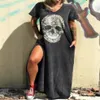 2020 sommer Kleid Frauen Casual Punk Lose Kurzarm Schädel Druck Weibliche Kleid Streetwear Seite Hohe Split Blume Weibliche Vestido c293M