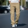 Pantalon en coton gaufré pour hommes, multi-poches, ample, taille élastique, cylindre droit, respirant, Cargo décontracté, grande taille, couleur unie