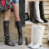 Boot's Leather Pu Knee High Boots Fashion Folding Slip on Winter Casual Low Heels White Black Long Slim Ladies 231025