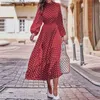 Grundlegende Freizeitkleider Boho Laterne Lange Ärmel Polka Dot Bedrucktes Midikleid Damen Elegant Vintage Stehkragen Split Herbstkleid Robe Femme Kleidung T231026