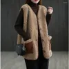 Gilets pour femmes gilet sans manches cardigan vintage automne/hiver veste mode coréenne chaud fausse laine d'agneau manteaux doublés de fourrure hauts surdimensionnés