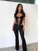 Women's Two Piece Pants 2 Pant Sets Lace Hollow See Through Sheer Mesh Black Sexy Club Outfits For Women Skinny Dress