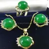 Orecchini in giada verde da 10 mm, anello, collana, pendente, set, orologio placcato, intera pietra di quarzo CZ cristallo232n